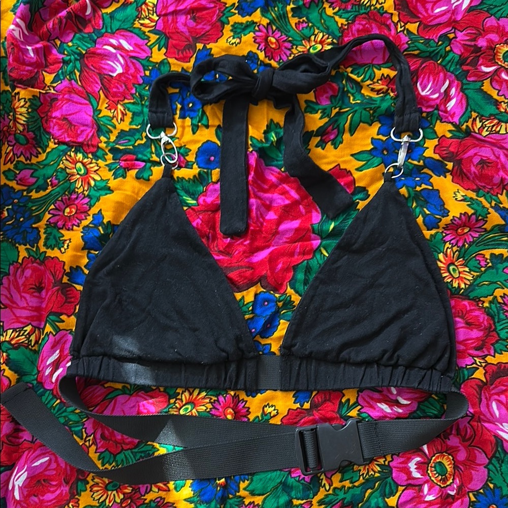 Black Cotton Buckle Silver Clasp Triangle Bikini Top